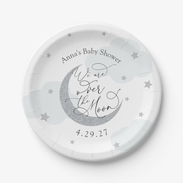 Over the Moon Blue and Silve Paper Plate (Front)