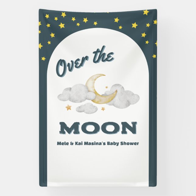 Over. the Moon Blue Baby Shower Custom Photo Wall Banner (Vertical)