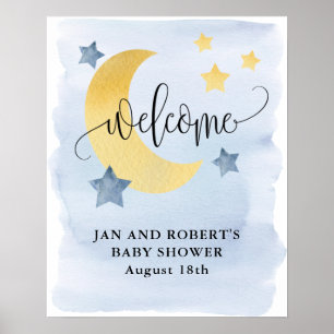 Over the Moon, Blue Baby Shower Welcome Poster