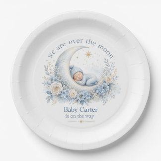 Over the Moon Blue Baby Shower with Custom Name Paper Plate