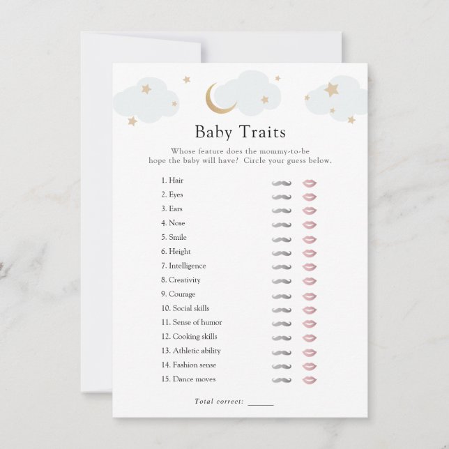 Over the Moon Blue Baby Traits Shower Game Card (Front)