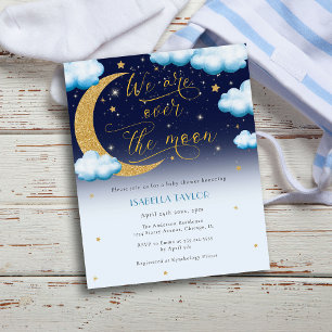Over the Moon Blue Boy Baby Shower Invitation