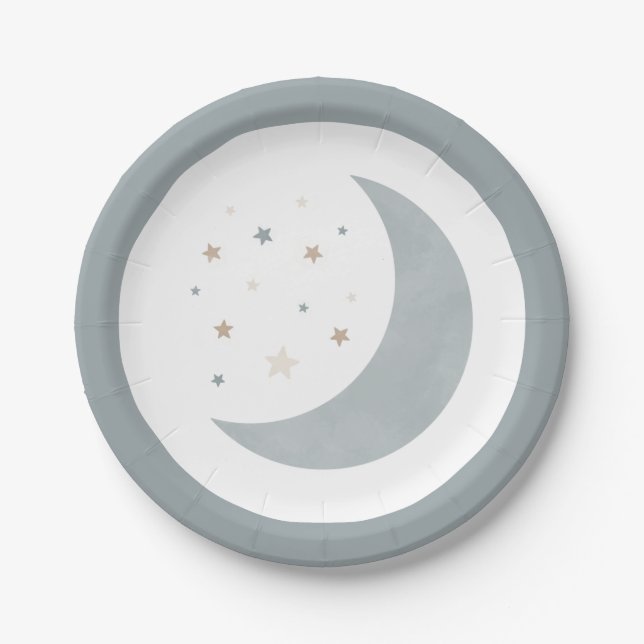 Over the Moon Blue Boy Baby Shower Paper Plate (Front)
