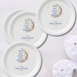 Over the Moon Blue Boy Baby Shower Paper Plate