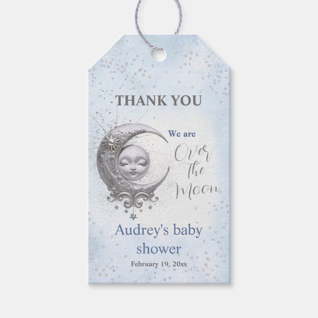 Over The Moon Blue Boy Baby Shower Tag (Front)
