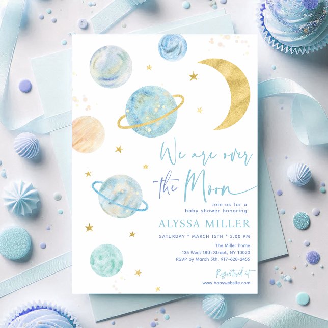 Over the Moon Blue Boy Space Baby Shower Invitation (Creator Uploaded)
