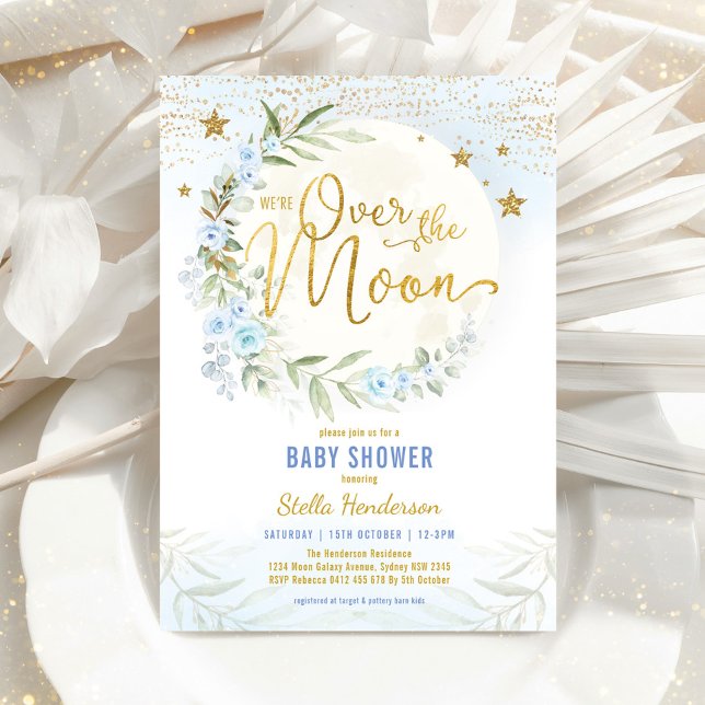 Over the Moon Blue Floral Greenery Boy Baby Shower Invitation (Creator Uploaded)