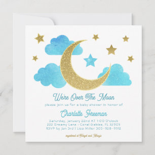Over the Moon Blue Gold Baby Shower Invite