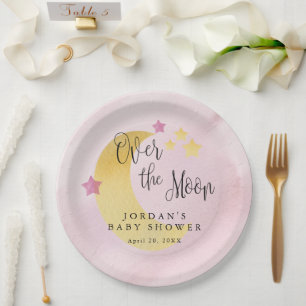 Over the Moon, Blue Personalised Baby Shower Paper Plate