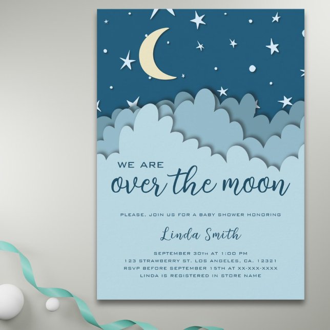 Over the Moon Blue Stars Boy Baby Shower Invitation (Creator Uploaded)