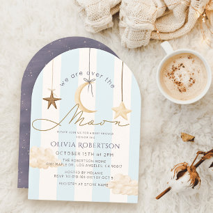 Over the Moon Blue Stripes Boy Baby Shower Invitation