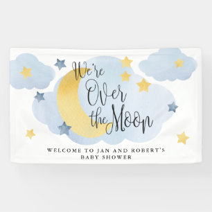 Over the Moon, Blue Watercolor Baby Shower Banner