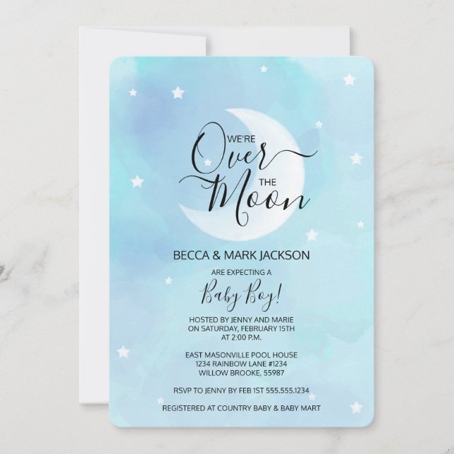 Over The Moon Blue Watercolor Baby Shower Invitation (Front)