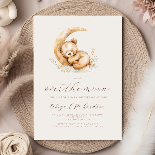 Over the Moon Boho Teddy Bear Neutral Baby Shower Invitation (Creator Uploaded)