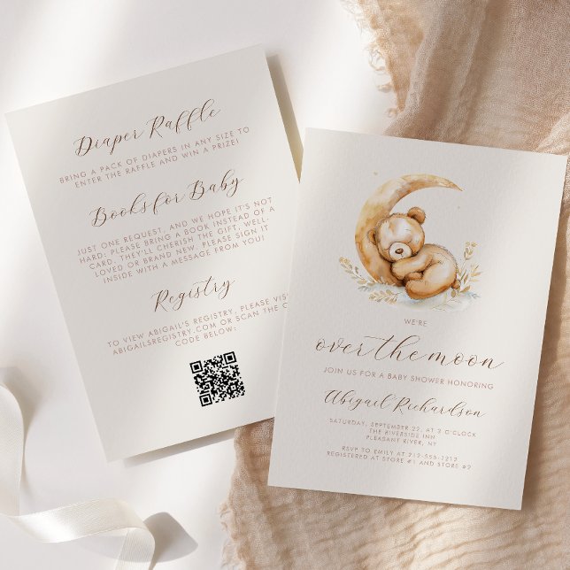 Over the Moon Boho Teddy Bear QR Code Baby Shower Invitation (Creator Uploaded)