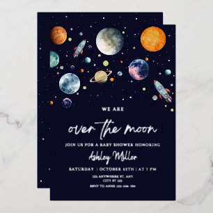 Over The Moon Boy Baby Shower Invite, Space Galaxy