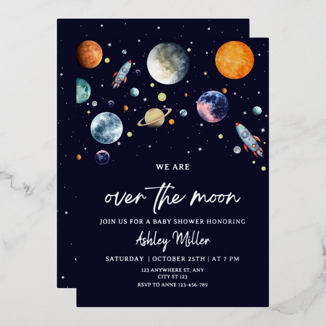 Over The Moon Boy Baby Shower Invite, Space Galaxy (Front/Back)