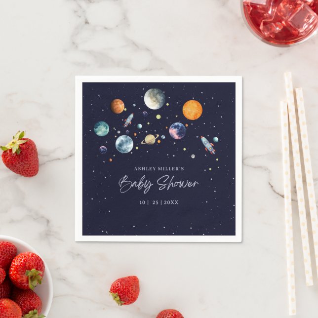 Over The Moon Boy Baby Shower Invite, Space Galaxy Napkin (Insitu)