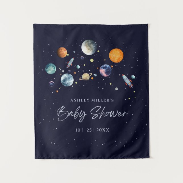 Over The Moon Boy Baby Shower Invite, Space Galaxy Tapestry (Front)
