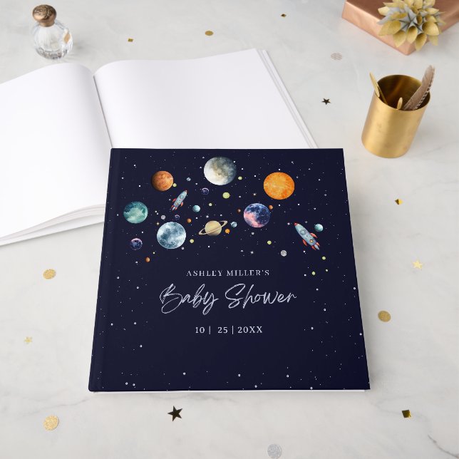 Over The Moon Boy Baby Shower Party Space Galaxy Guest Book (Front Open)