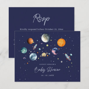 Over The Moon Boy Baby Shower Party Space Galaxy RSVP Card