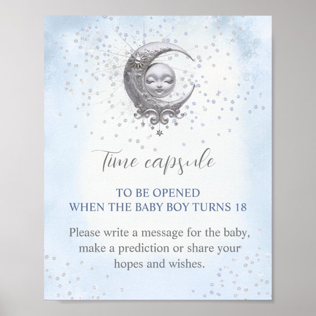 Over The Moon Boy Baby Shower Time Capsule Sign (Front)