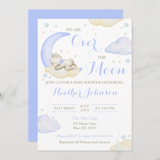 Over The Moon Boy Bear Baby Shower Invitation (Front/Back)