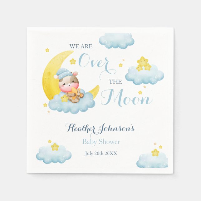 Over The Moon Boy Cow Baby Shower Napkin (Front)