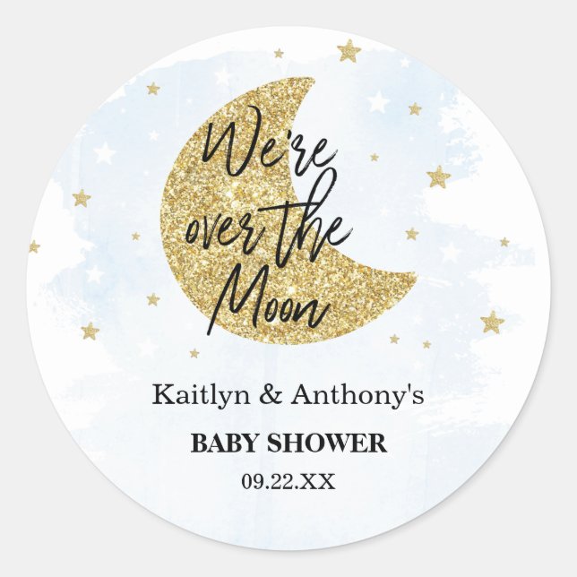 Over The Moon | Boys Baby Shower Classic Round Sti Classic Round Sticker (Front)
