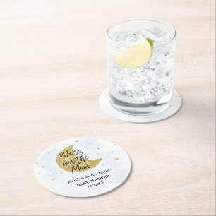 Over The Moon   Boys Baby Shower Round Paper Coaster