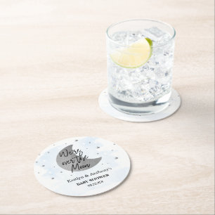 Over The Moon   Boys Baby Shower Round Paper Coaster