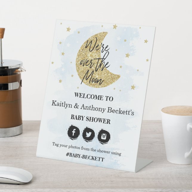 Over The Moon | Boys Baby Shower Welcome Pedestal Sign (In SItu)