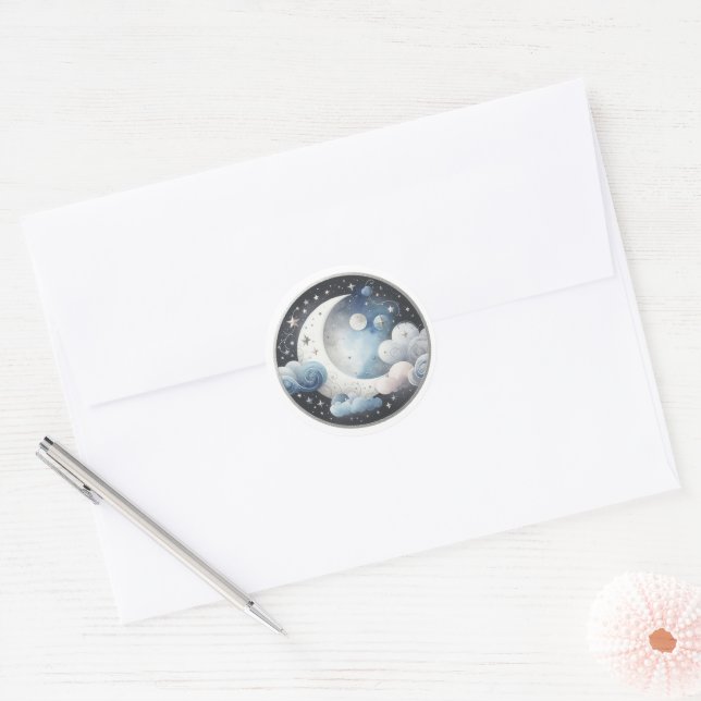 Over the Moon Celestial Baby Shower Classic Round Sticker (Envelope)