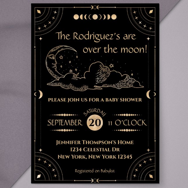 "Over the Moon" Celestial Moon & Stars Baby Shower Invitation (celestial baby shower "over the moon" zodiac black and gold space moon and stars Twinkle twinkle )