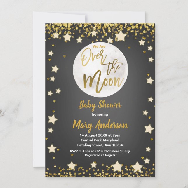Over The Moon Chalkboard Gold Baby Shower Invitation (Front)