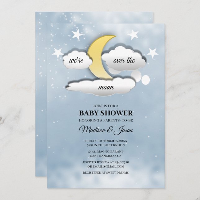 Over The Moon Clouds and Stars Baby Shower Invitation (Front/Back)