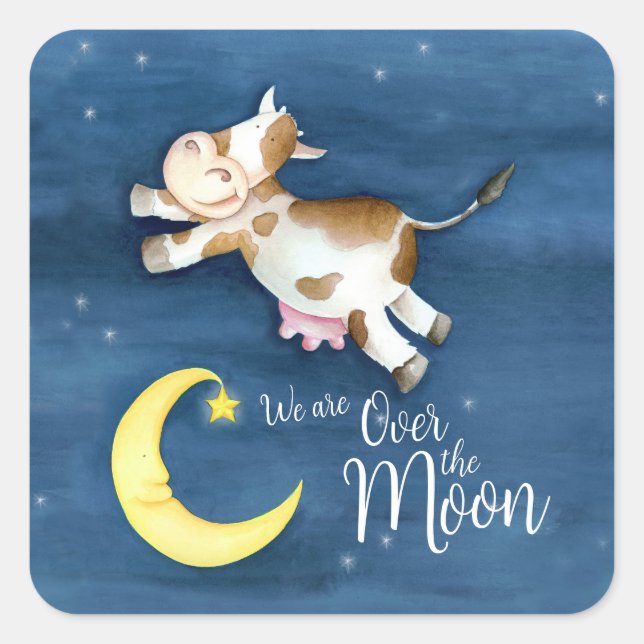 Over the moon cow jump new baby square sticker (Front)