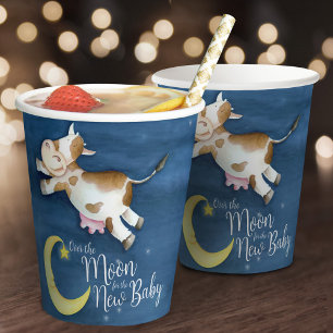 Over the moon cow jump watercolor baby shower paper cups