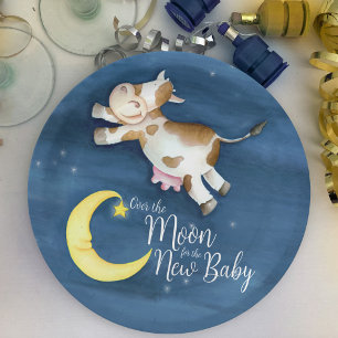 Over the moon cow jump watercolor baby shower paper plate