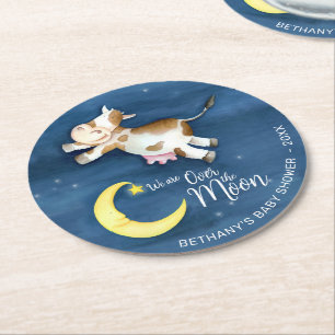 Over the moon cow jump watercolor baby shower round paper coaster