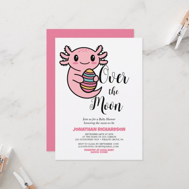 Over the Moon Cute Axolotl Holding Easter Egg  Invitation (Front/Back In Situ)