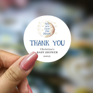 Over the Moon Cute Blue Boy Baby Shower  Classic Round Sticker