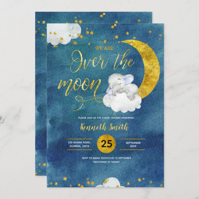 Over the Moon Elephant Baby Shower Invitation (Front/Back)