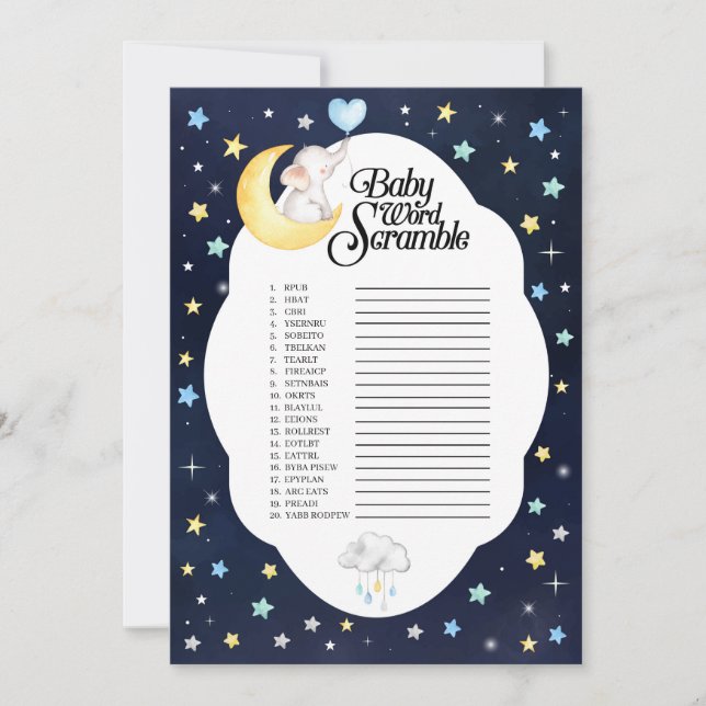 Over The Moon Elephant Baby Word Scramble Game Invitation (Front)