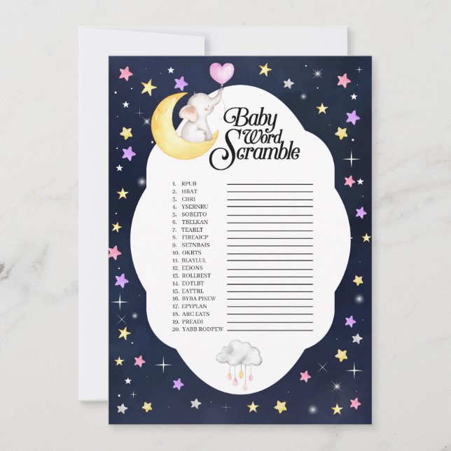 Over The Moon Elephant Baby Word Scramble Game Invitation (Front)