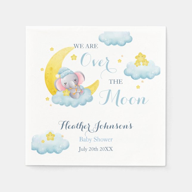 Over The Moon Elephant Boy Baby Shower Napkin (Front)