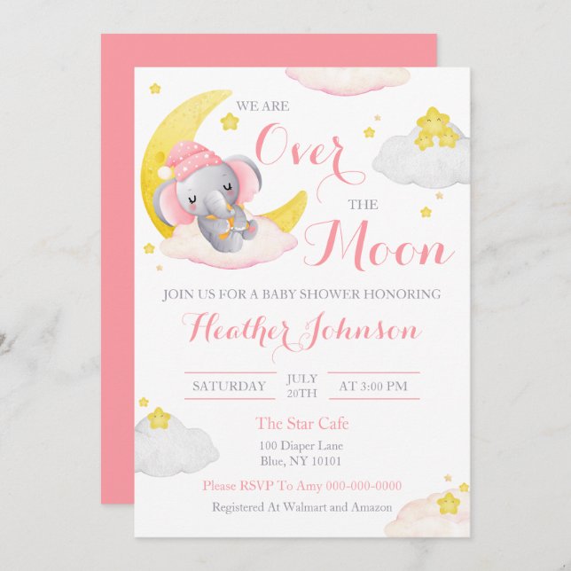 Over The Moon Elephant Girl Baby Shower Invitation (Front/Back)