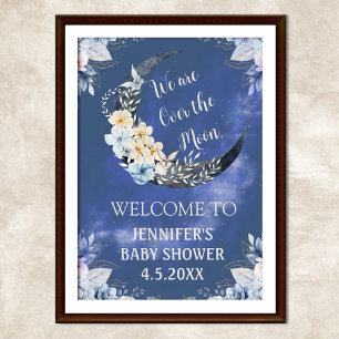 over the moon floral blue baby shower welcome sign