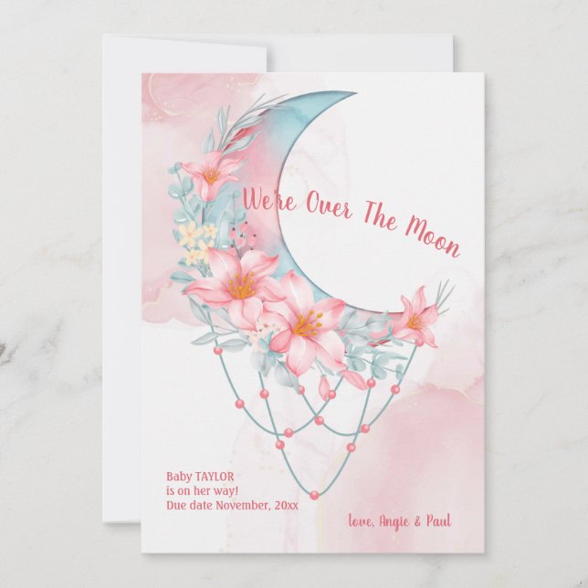 Over the Moon Floral Pregnancy Announcement (Front)