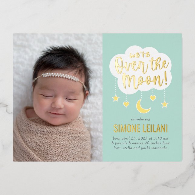 Over The Moon Foil Birth Announcement Postcard (Front)
